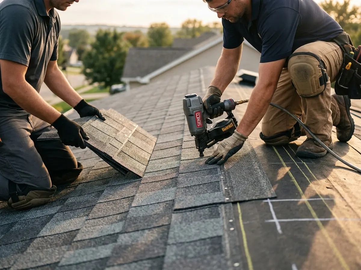 Professional roofer working on a residential roof in Sansom Park